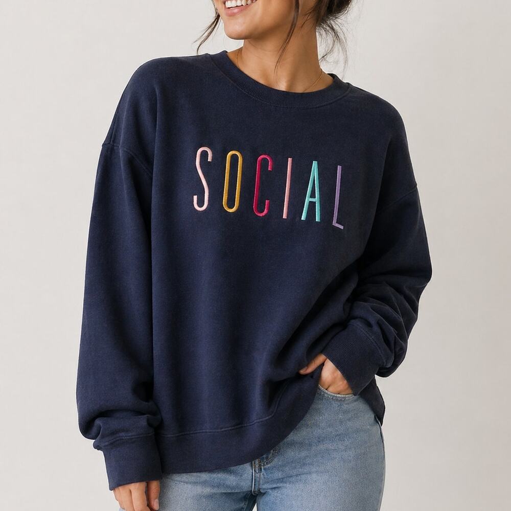 Wildfox Navy SOCIAL Rainbow Embroidered Side Slit Sweatshirt M Cozycore